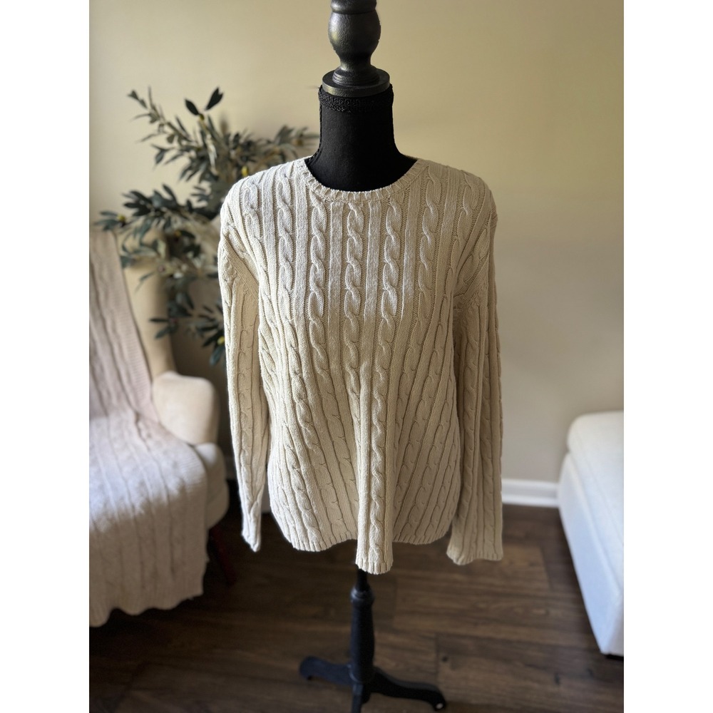 Valerie Stevens Cream Cable Knit Sweater Crew Neck Cotton Blend Ivory Large